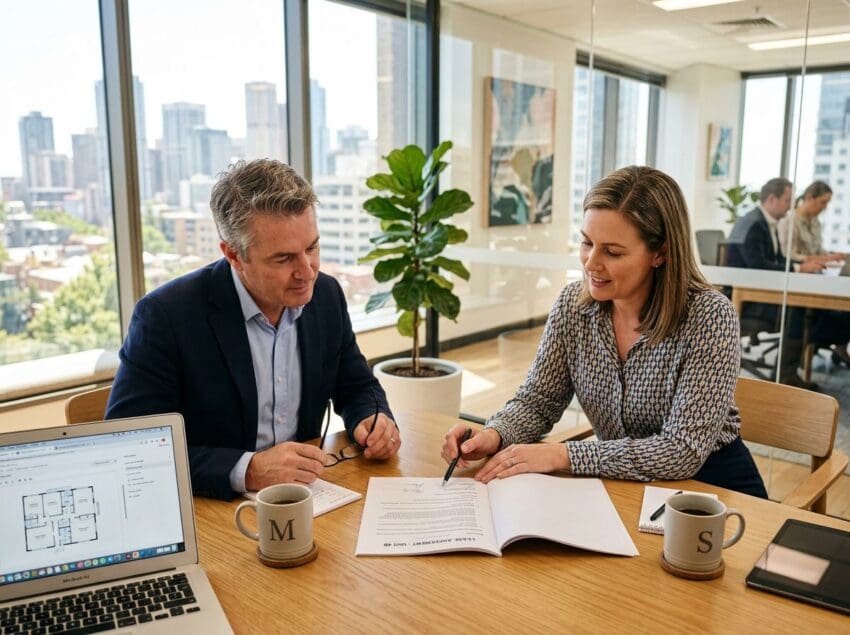 Business owner and conveyancer reviewing a lease document