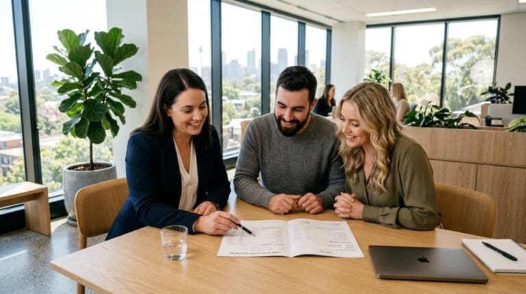 Settlement Statement - Couple reviewing their settlement statement with a conveyancer