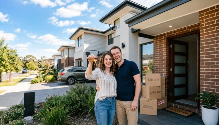 Can You Move In on Settlement Day - Couple with keys and moving boxes at their new front door